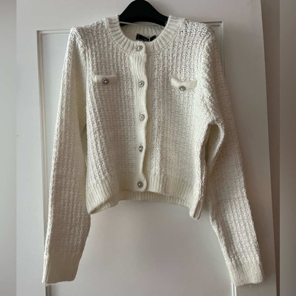 Mango Tweed-style Knit Cardigan Jacket White Medium NWT